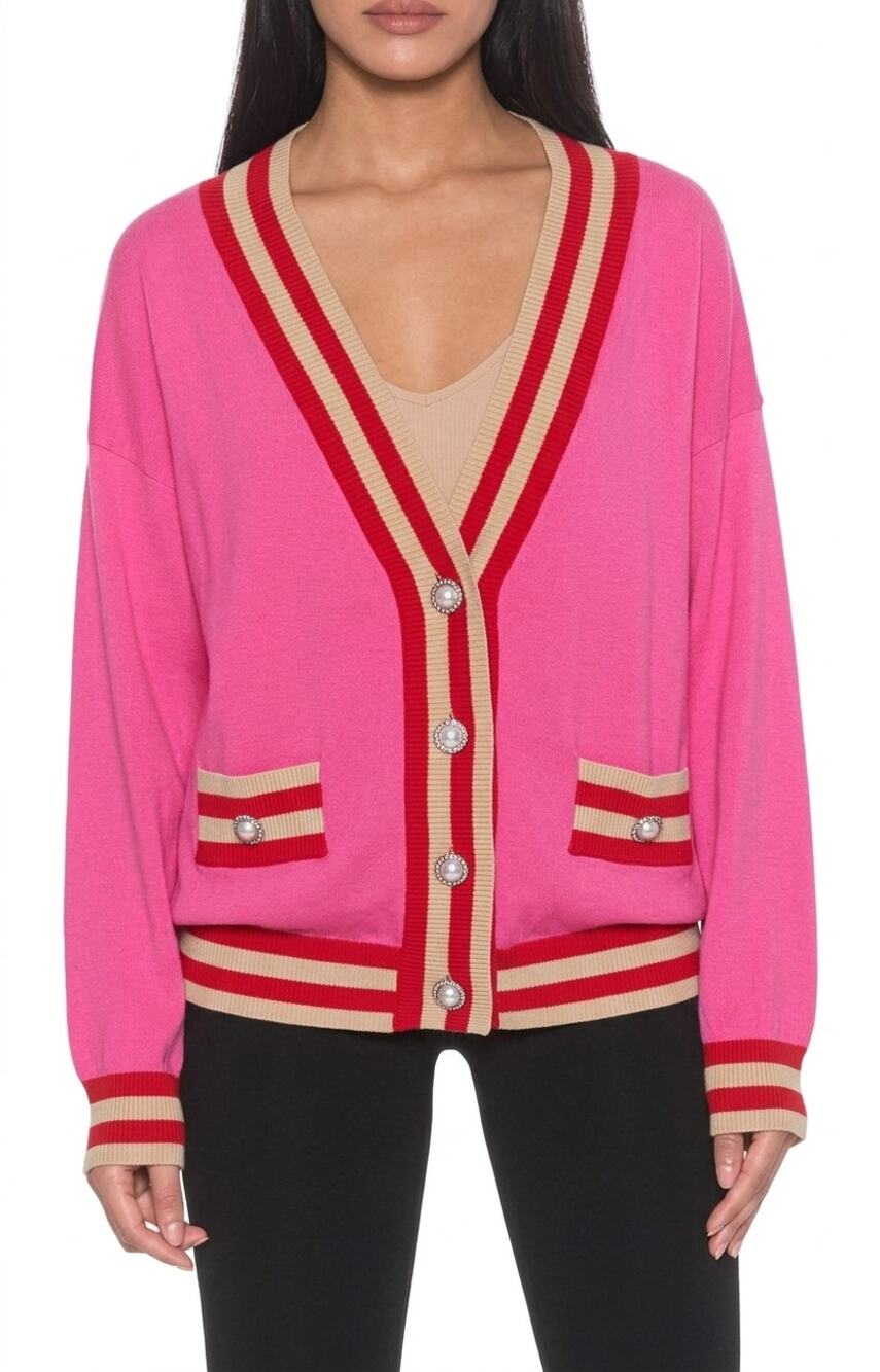 Alexia Admor Frances Stripe Trim Cardigan in Pink Size XL - Picture 1 of 5
